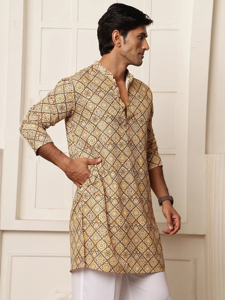 Mustard Thread Work Printed Cotton Silk Straight Kurta for Men - Image 5
