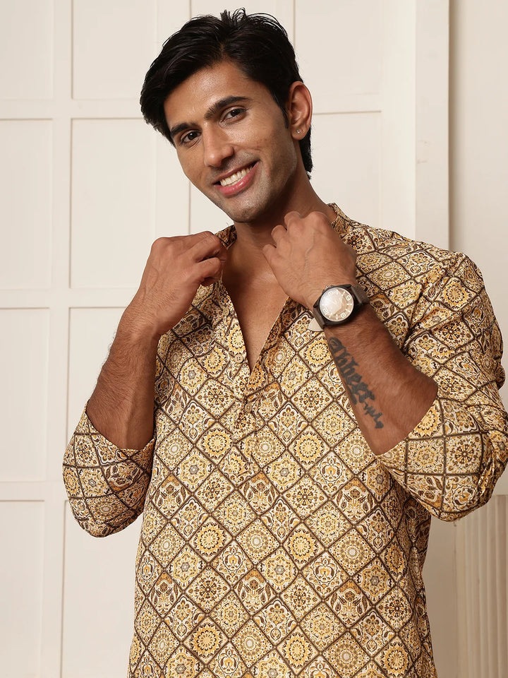 Mustard Thread Work Printed Cotton Silk Straight Kurta for Men - Image 6