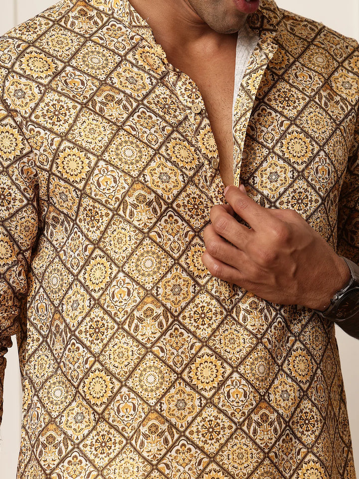 Mustard Thread Work Printed Cotton Silk Straight Kurta for Men - Image 7
