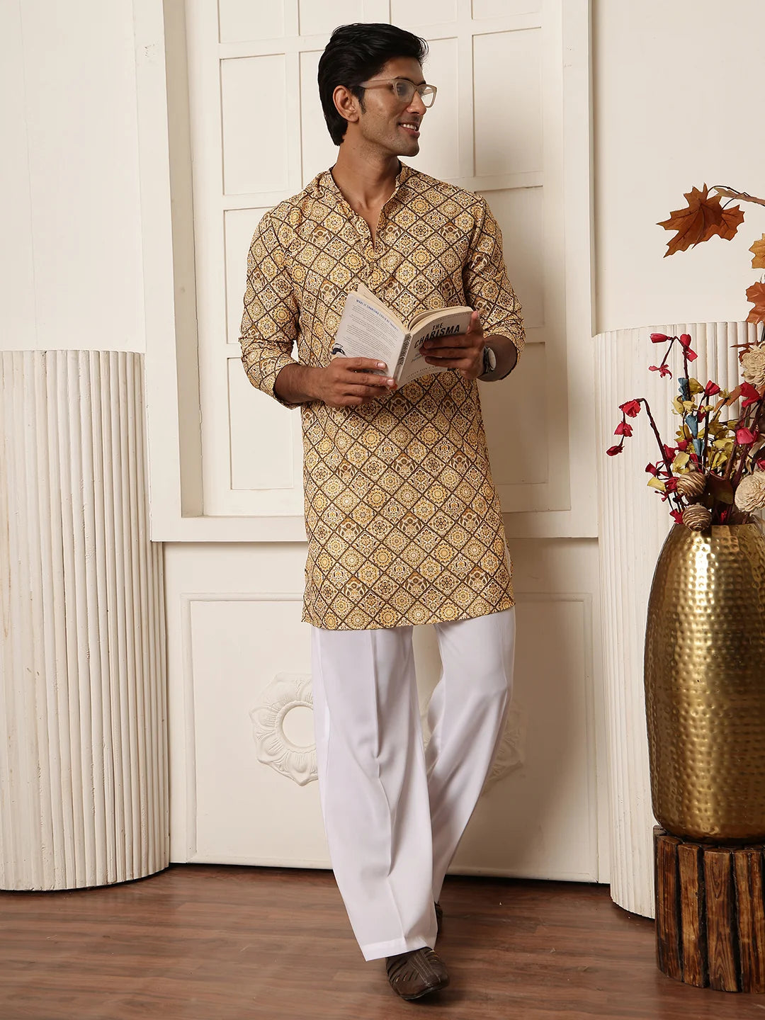 Mustard Thread Work Printed Cotton Silk Straight Kurta for Men - Image 9