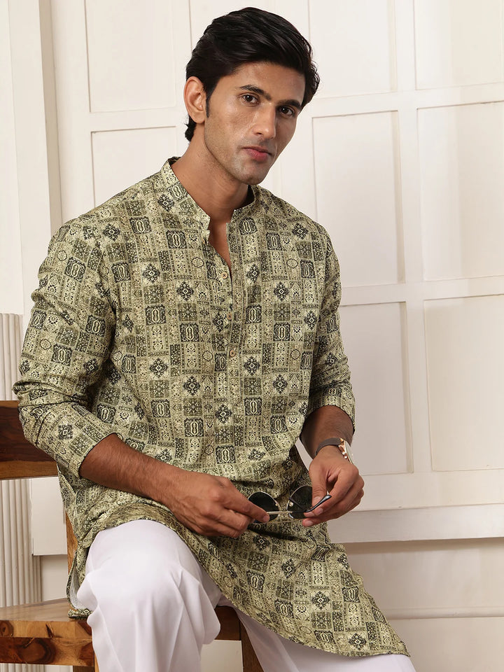 Green Thread Work Printed Cotton Silk Straight Kurta for Men - Image 1