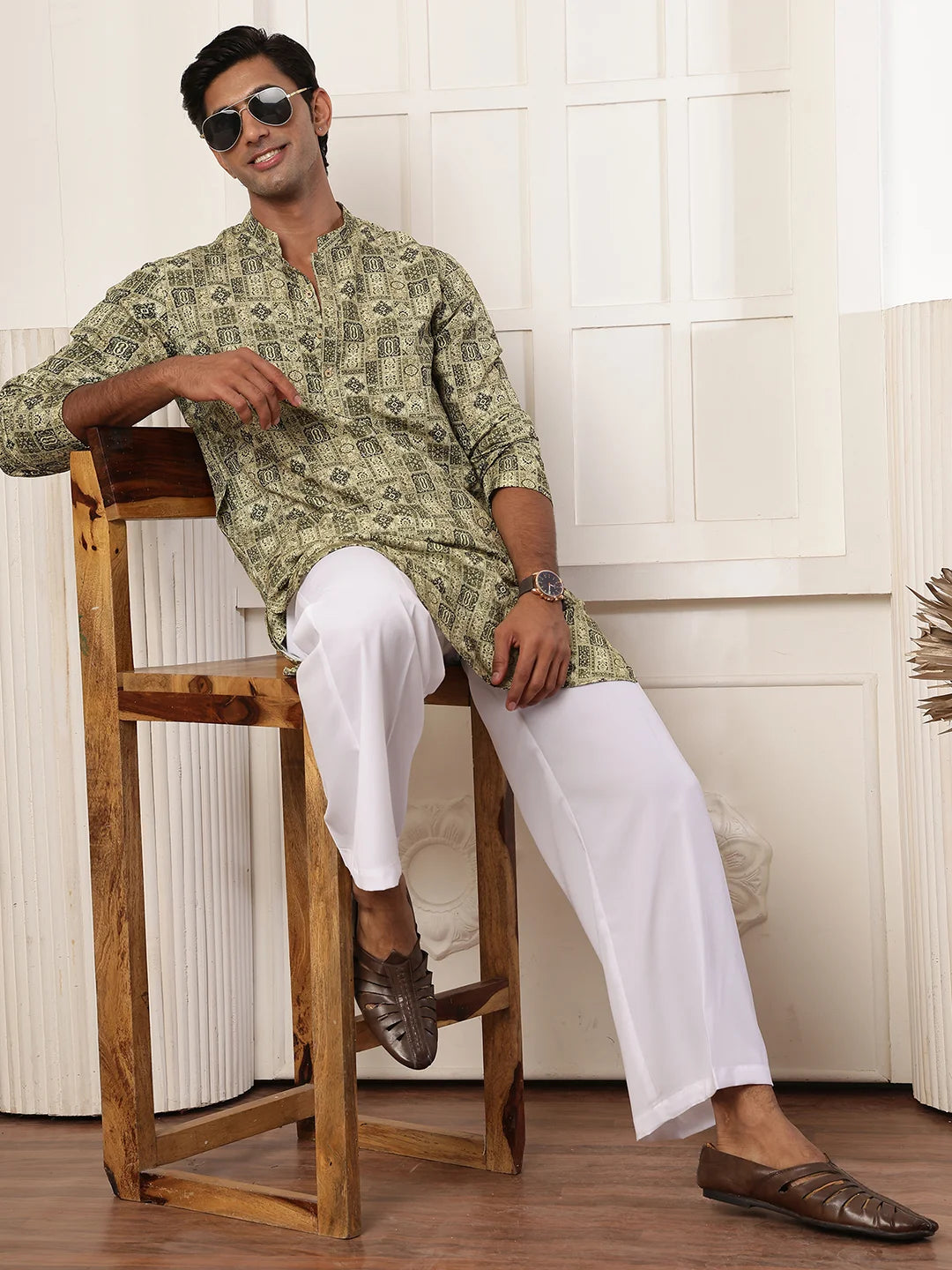 Green Thread Work Printed Cotton Silk Straight Kurta for Men - Image 10