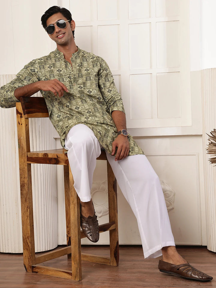 Green Thread Work Printed Cotton Silk Straight Kurta for Men - Image 10
