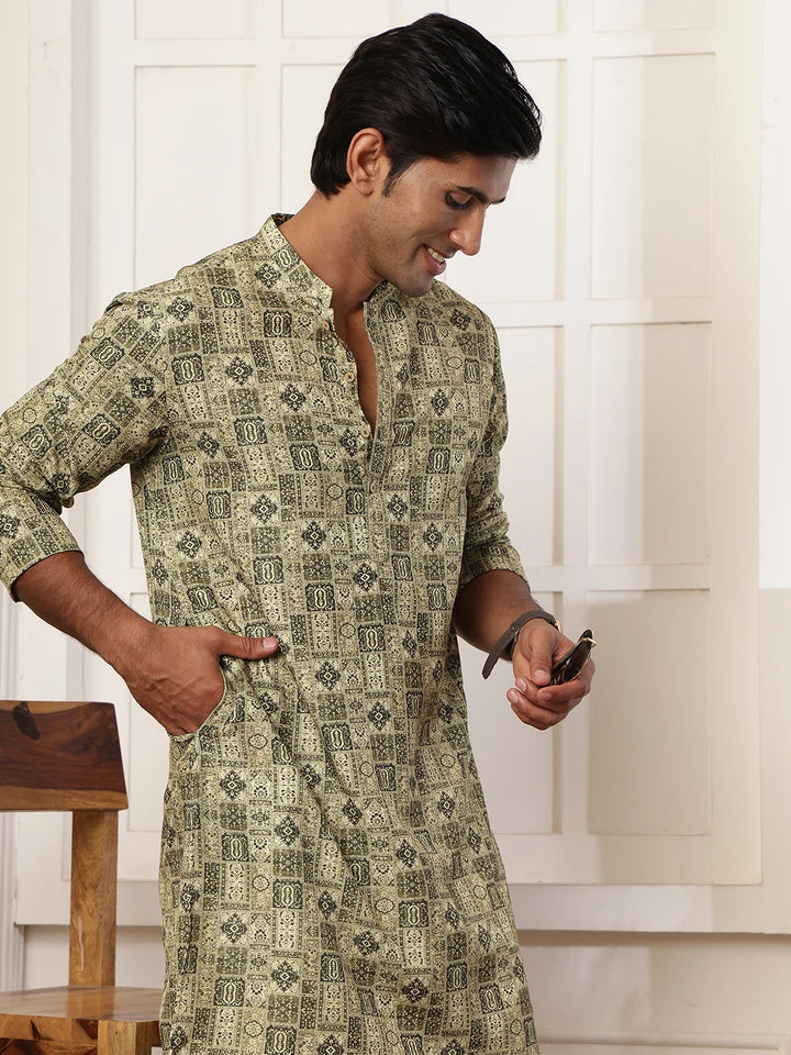 Green Thread Work Printed Cotton Silk Straight Kurta for Men - Image 11