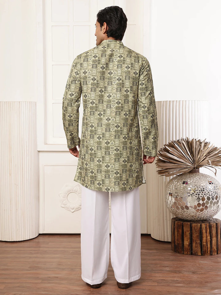 Green Thread Work Printed Cotton Silk Straight Kurta for Men - Image 12