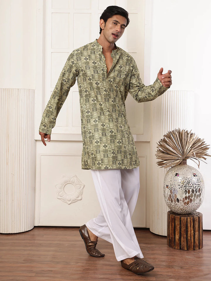 Green Thread Work Printed Cotton Silk Straight Kurta for Men - Image 2