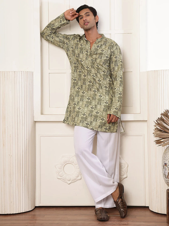Green Thread Work Printed Cotton Silk Straight Kurta for Men - Image 3