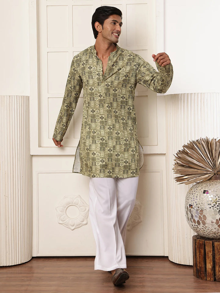 Green Thread Work Printed Cotton Silk Straight Kurta for Men - Image 4