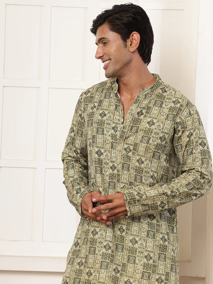 Green Thread Work Printed Cotton Silk Straight Kurta for Men - Image 5