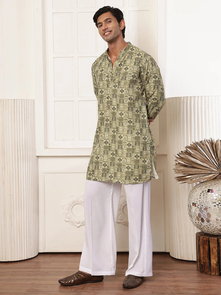 Green Thread Work Printed Cotton Silk Straight Kurta for Men - Image 6