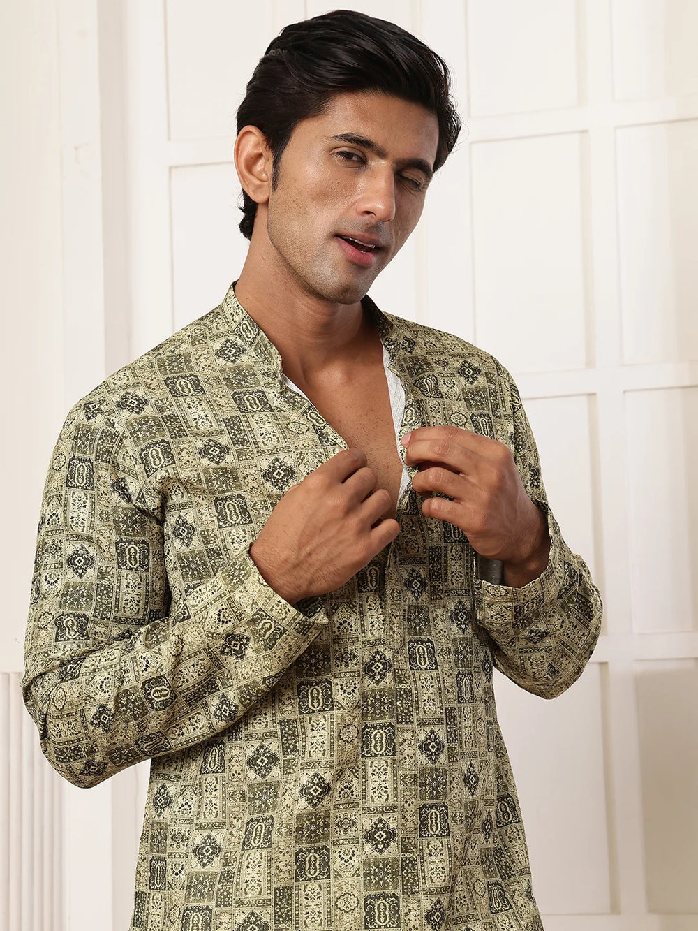 Green Thread Work Printed Cotton Silk Straight Kurta for Men - Image 7