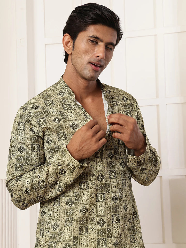Green Thread Work Printed Cotton Silk Straight Kurta for Men - Image 7