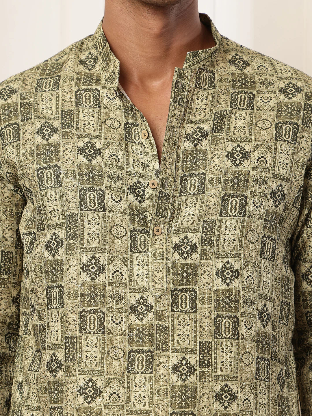 Green Thread Work Printed Cotton Silk Straight Kurta for Men - Image 8