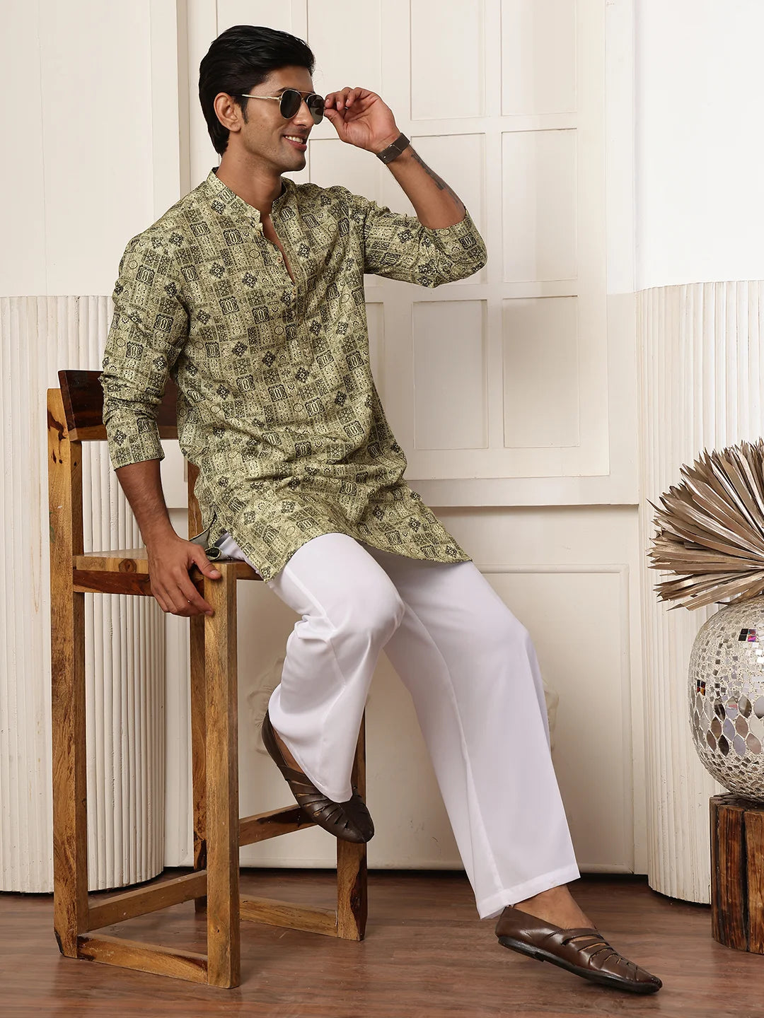 Green Thread Work Printed Cotton Silk Straight Kurta for Men - Image 9