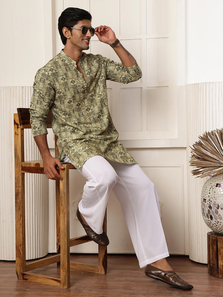 Green Thread Work Printed Cotton Silk Straight Kurta for Men - Image 9