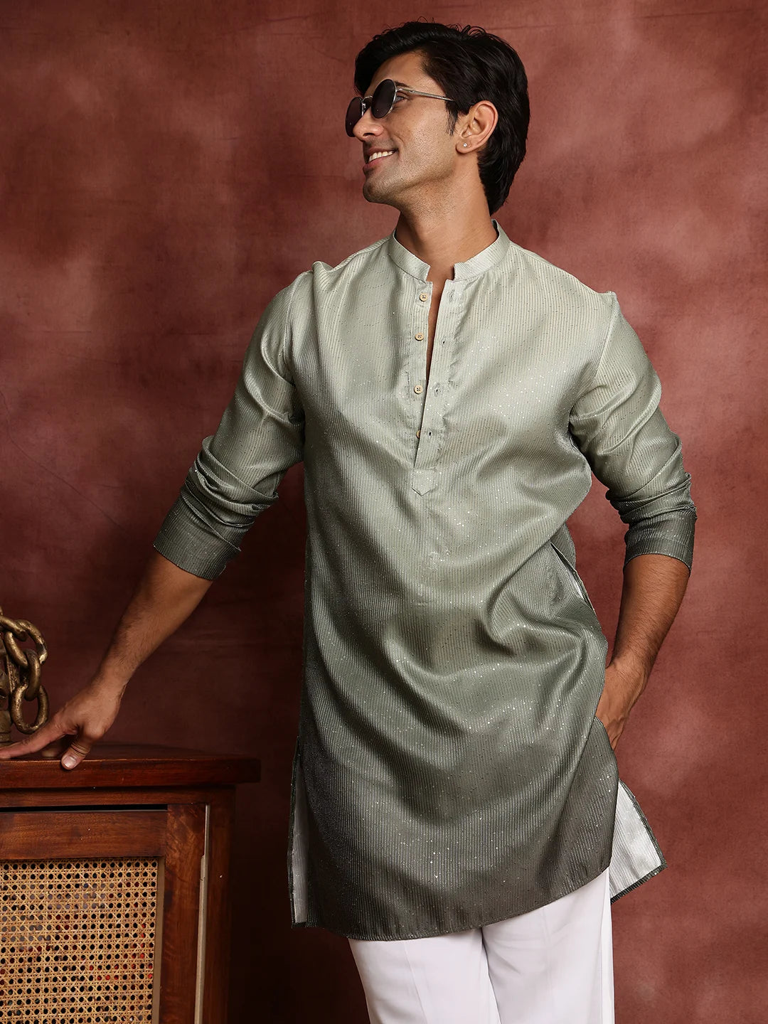 Sea Green Sequins Striped Blended Straight Kurta for Men - Image 1