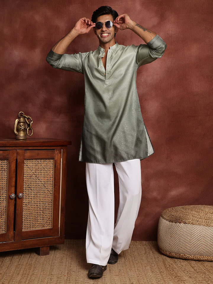 Sea Green Sequins Striped Blended Straight Kurta for Men - Image 10