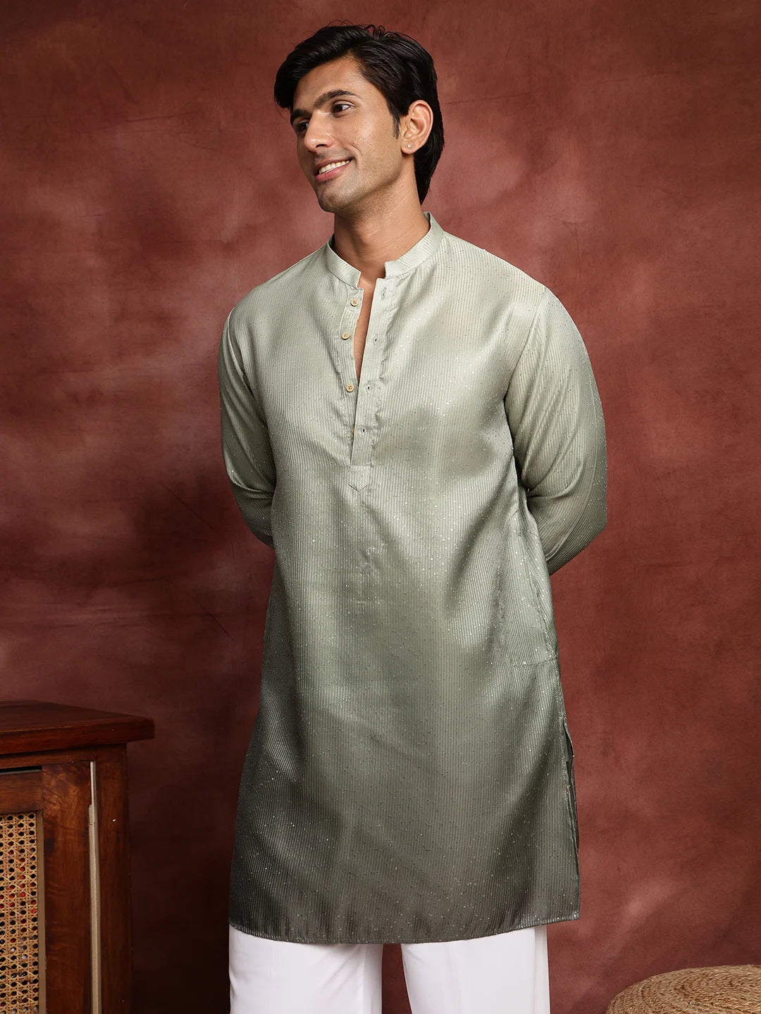 Sea Green Sequins Striped Blended Straight Kurta for Men - Image 11