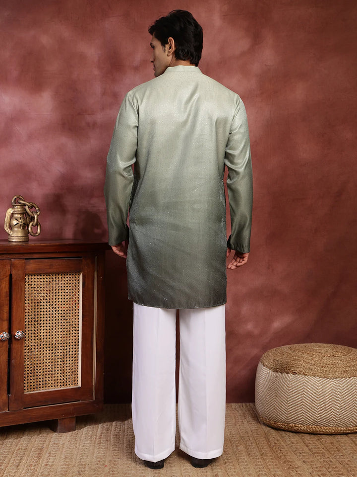 Sea Green Sequins Striped Blended Straight Kurta for Men - Image 2