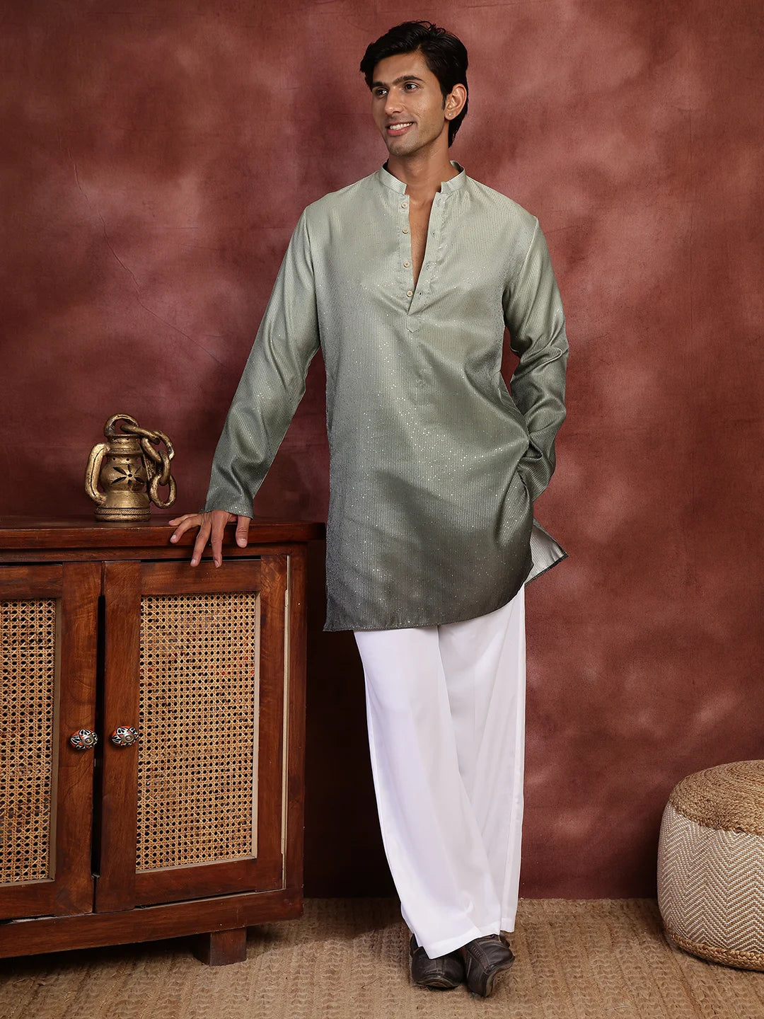 Sea Green Sequins Striped Blended Straight Kurta for Men - Image 3