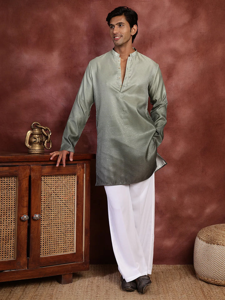 Sea Green Sequins Striped Blended Straight Kurta for Men - Image 3