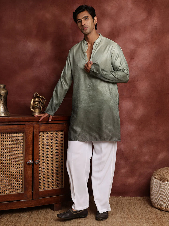 Sea Green Sequins Striped Blended Straight Kurta for Men - Image 4