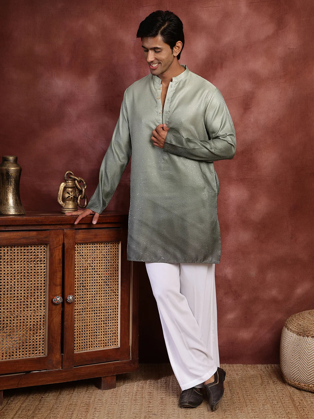 Sea Green Sequins Striped Blended Straight Kurta for Men - Image 5