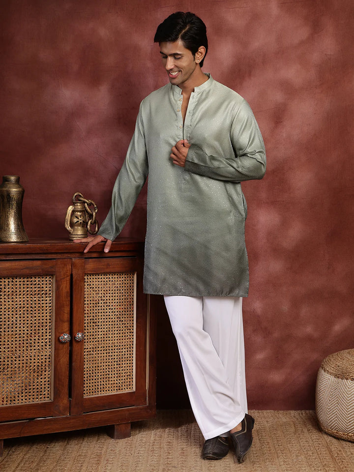 Sea Green Sequins Striped Blended Straight Kurta for Men - Image 5