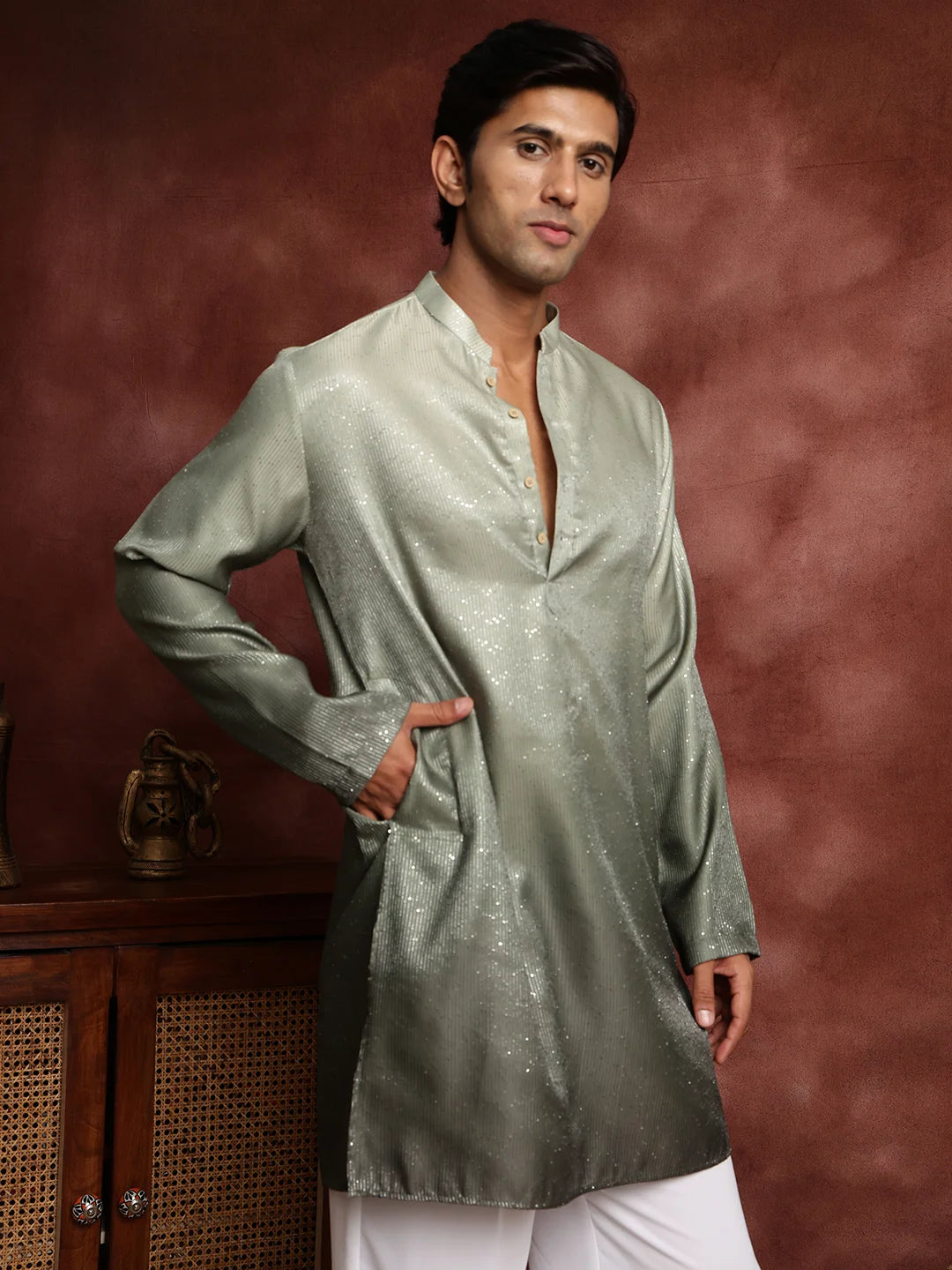Sea Green Sequins Striped Blended Straight Kurta for Men - Image 7