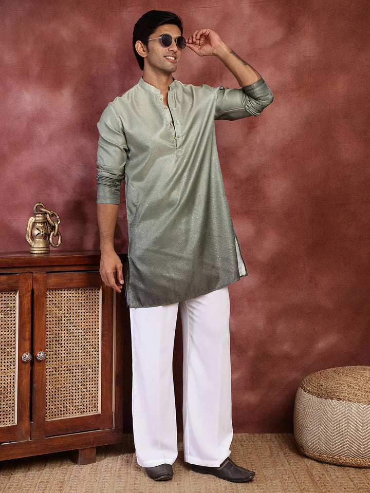 Sea Green Sequins Striped Blended Straight Kurta for Men - Image 8