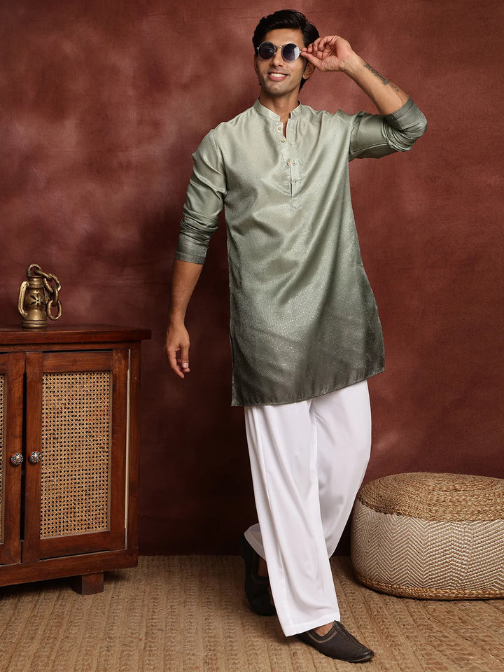 Sea Green Sequins Striped Blended Straight Kurta for Men - Image 9