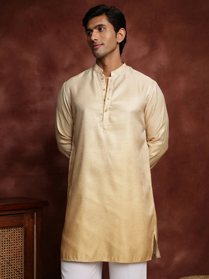 Gold Sequins Striped Blended Straight Kurta for Men - Image 1