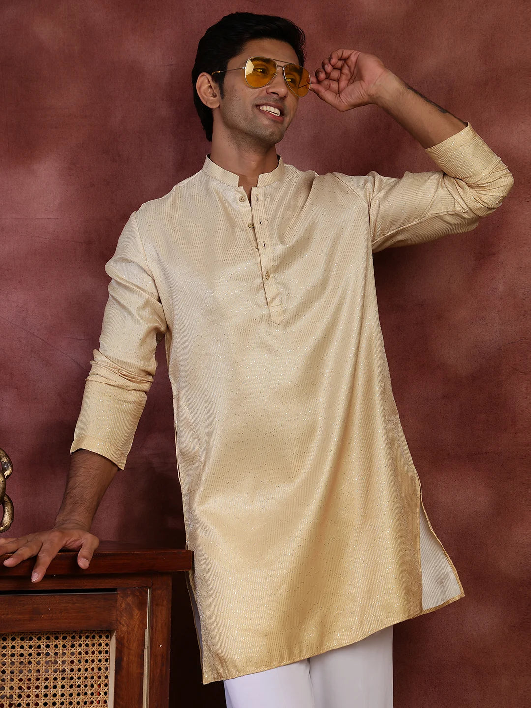 Gold Sequins Striped Blended Straight Kurta for Men - Image 10