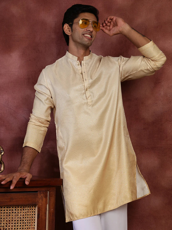 Gold Sequins Striped Blended Straight Kurta for Men - Image 10