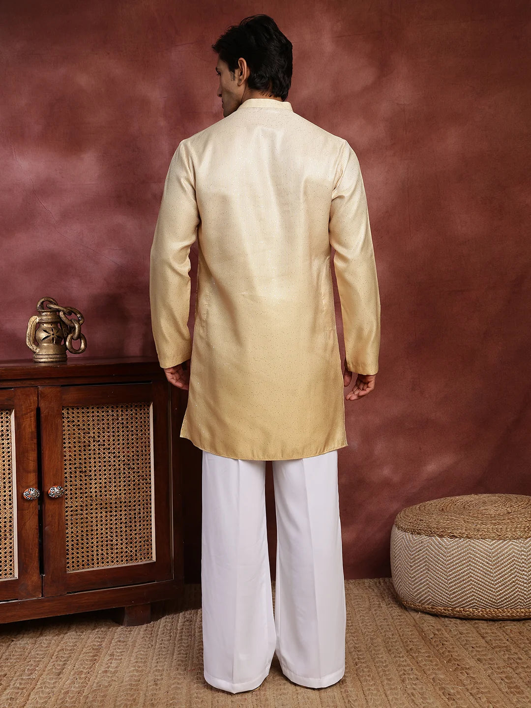 Gold Sequins Striped Blended Straight Kurta for Men - Image 11