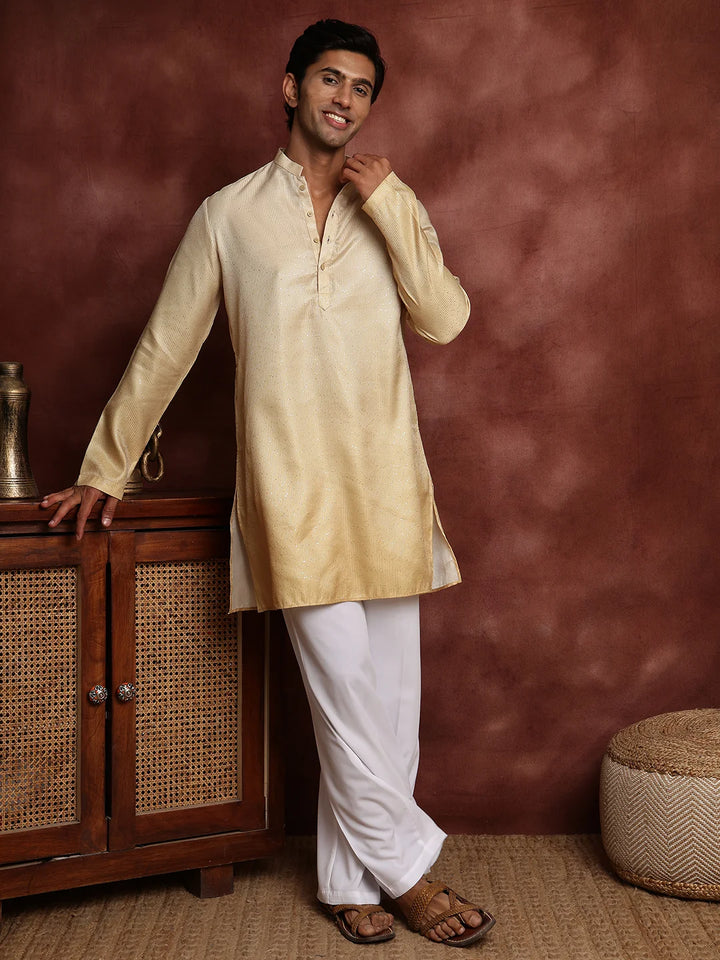 Gold Sequins Striped Blended Straight Kurta for Men - Image 3
