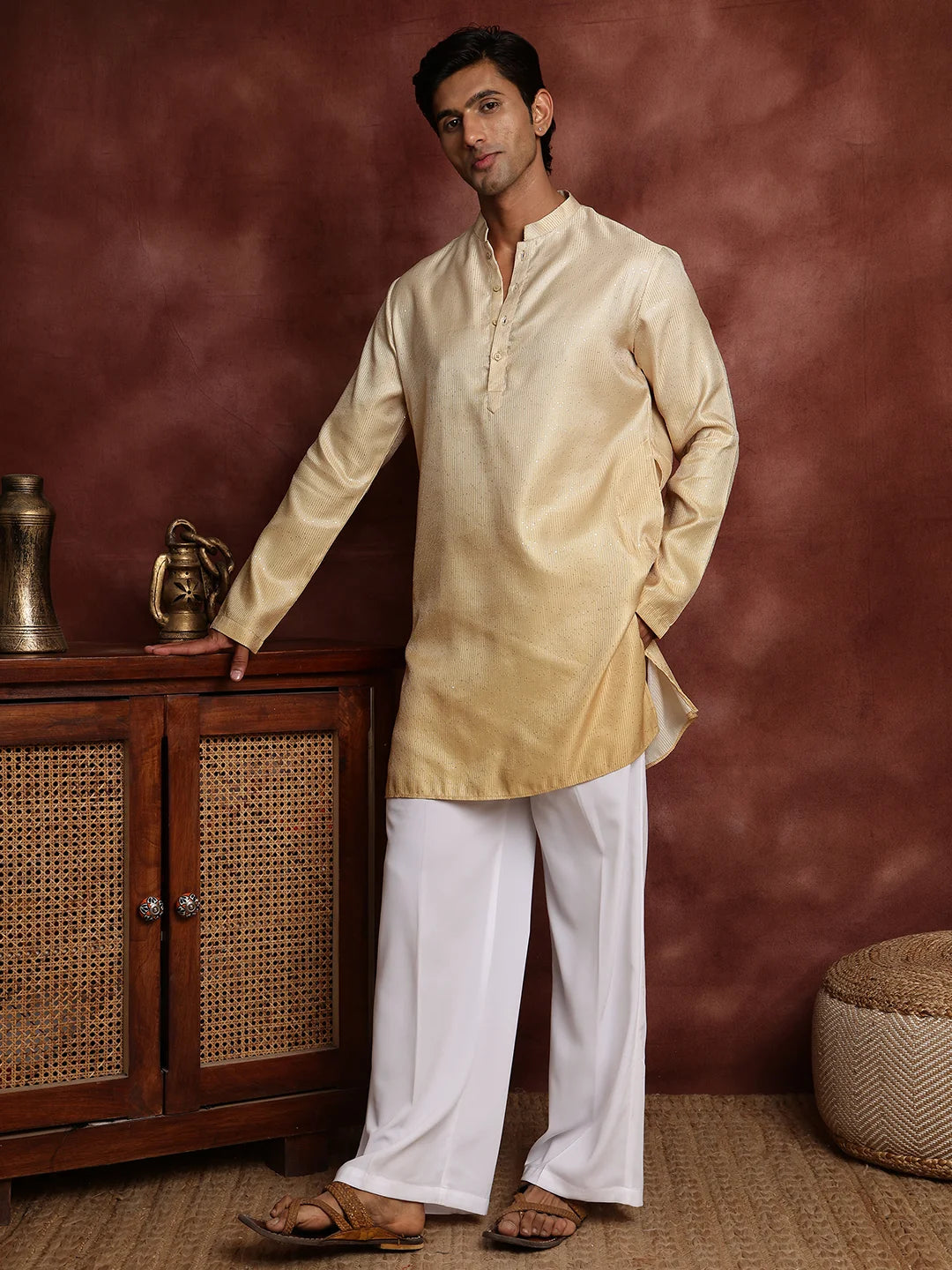 Gold Sequins Striped Blended Straight Kurta for Men - Image 5