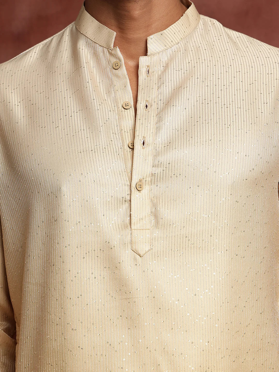 Gold Sequins Striped Blended Straight Kurta for Men - Image 7