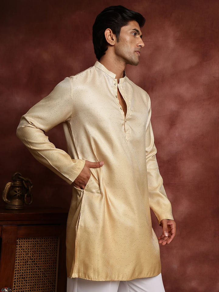 Gold Sequins Striped Blended Straight Kurta for Men - Image 8