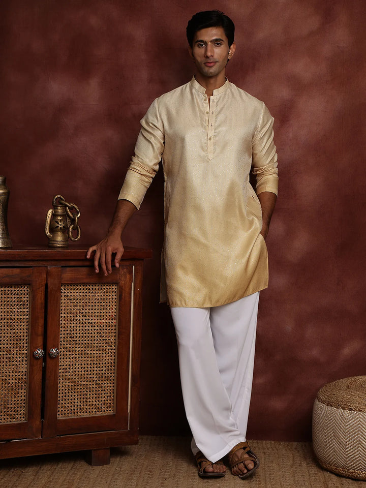 Gold Sequins Striped Blended Straight Kurta for Men - Image 9