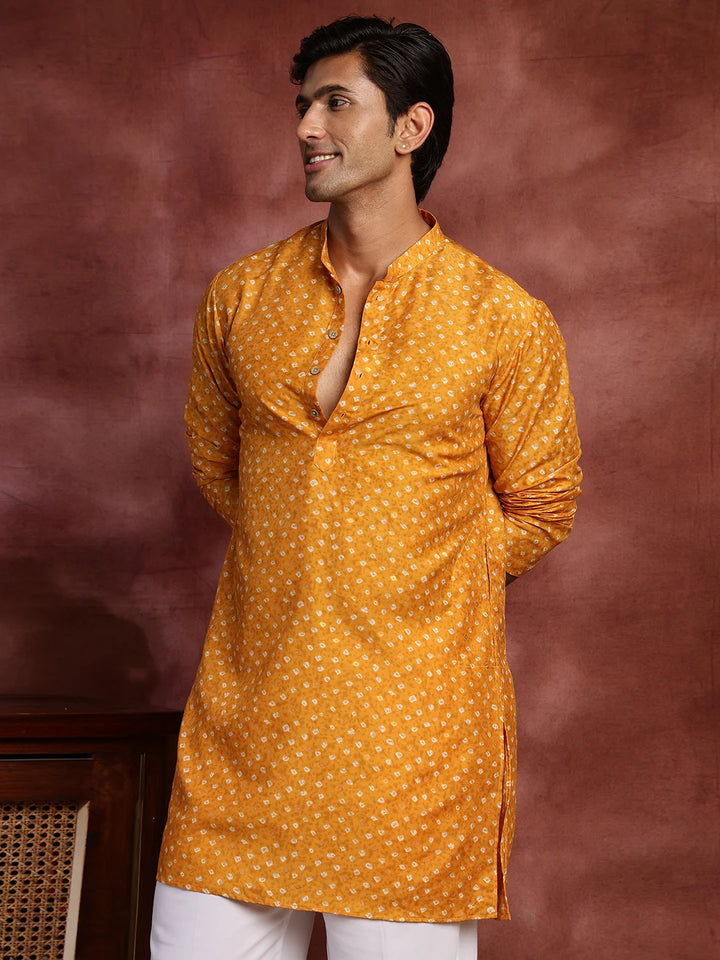 Mustard Printed Cotton Silk Straight Kurta for Men - Image 1