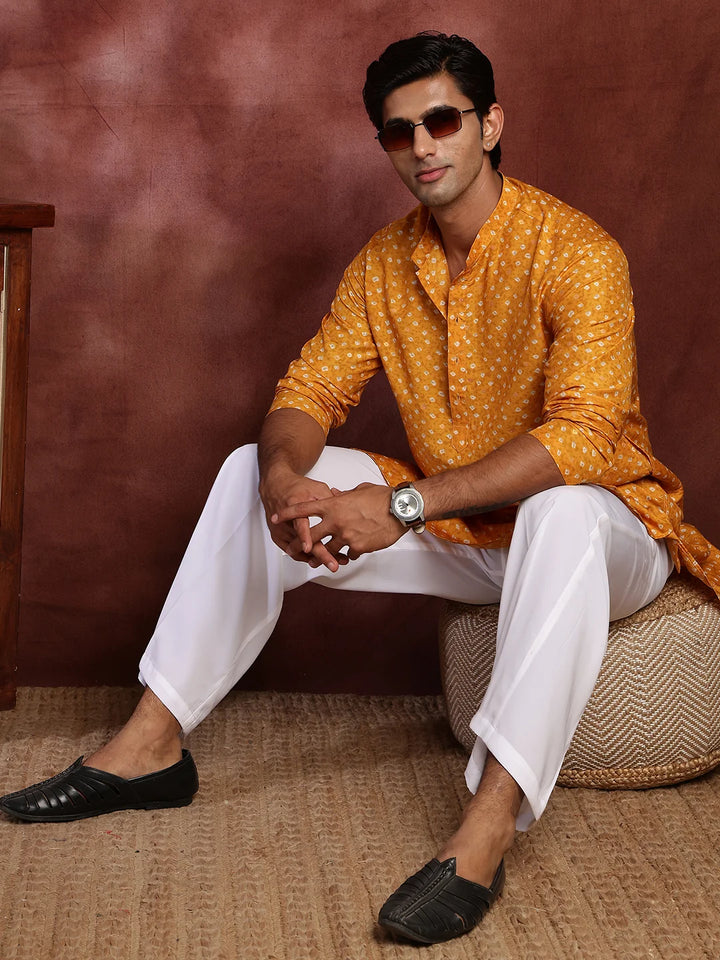 Mustard Printed Cotton Silk Straight Kurta for Men - Image 10