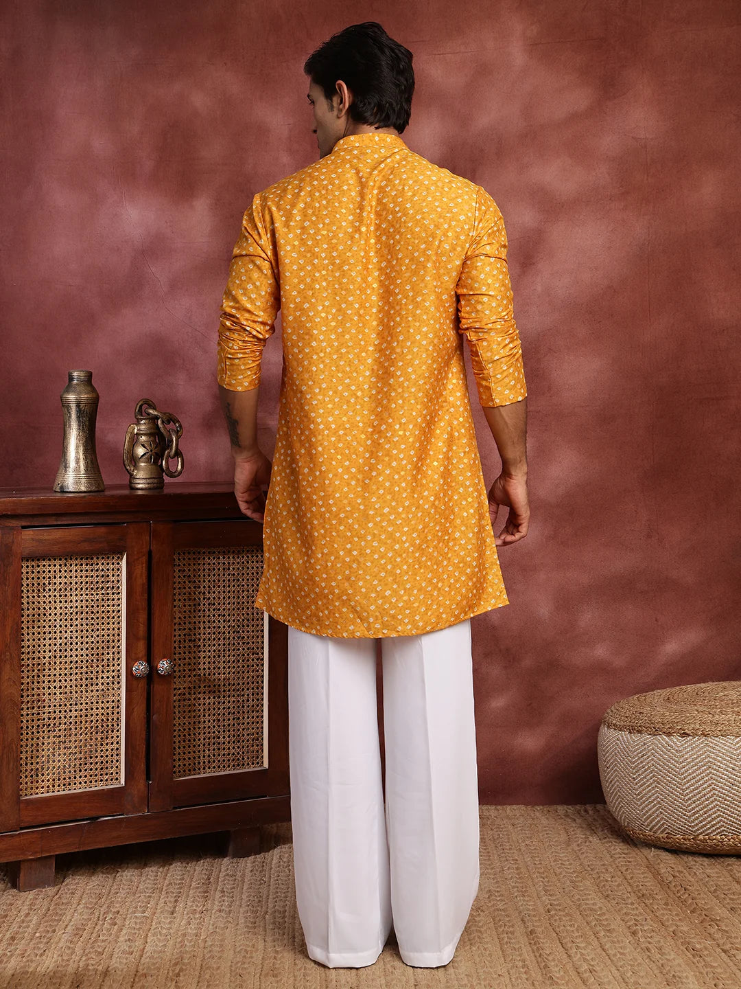 Mustard Printed Cotton Silk Straight Kurta for Men - Image 11