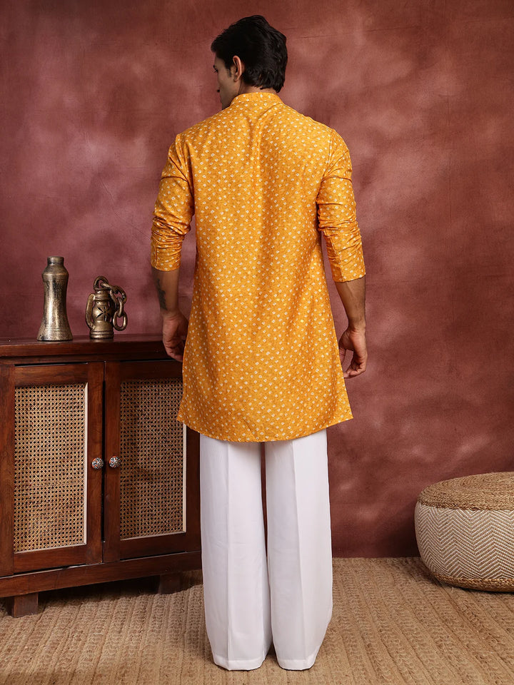Mustard Printed Cotton Silk Straight Kurta for Men - Image 11