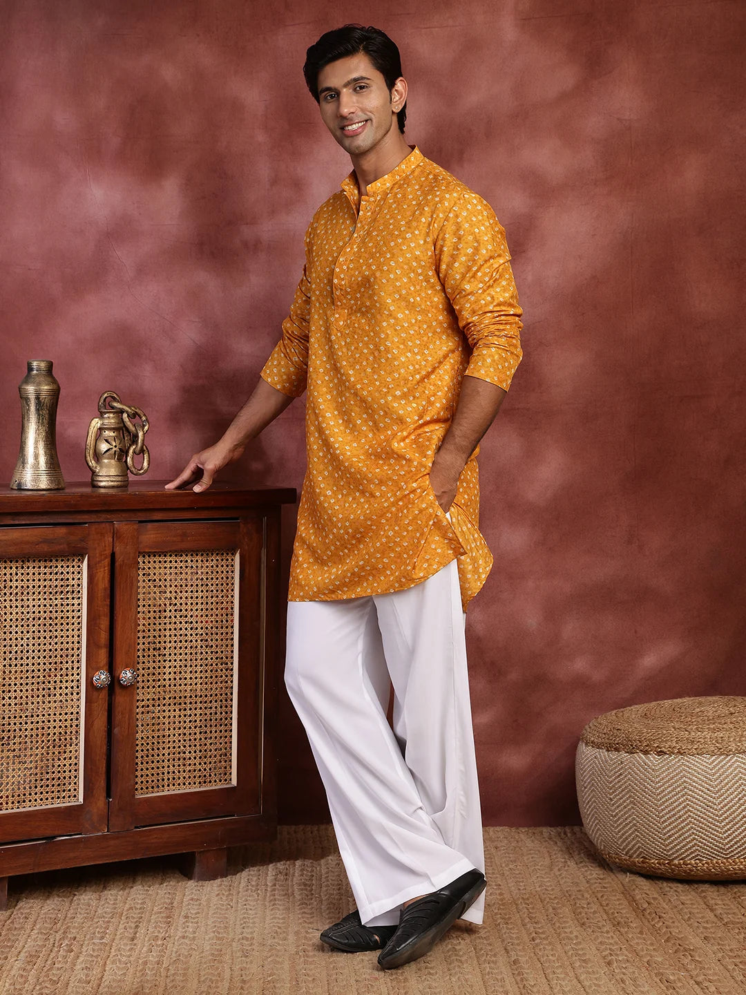 Mustard Printed Cotton Silk Straight Kurta for Men - Image 2