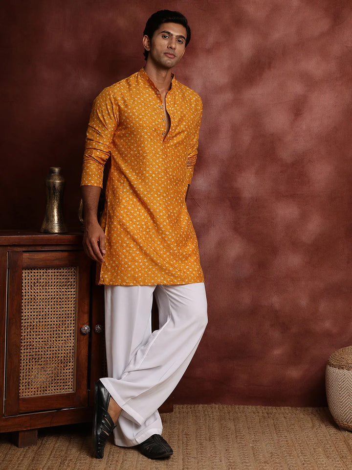 Mustard Printed Cotton Silk Straight Kurta for Men - Image 3