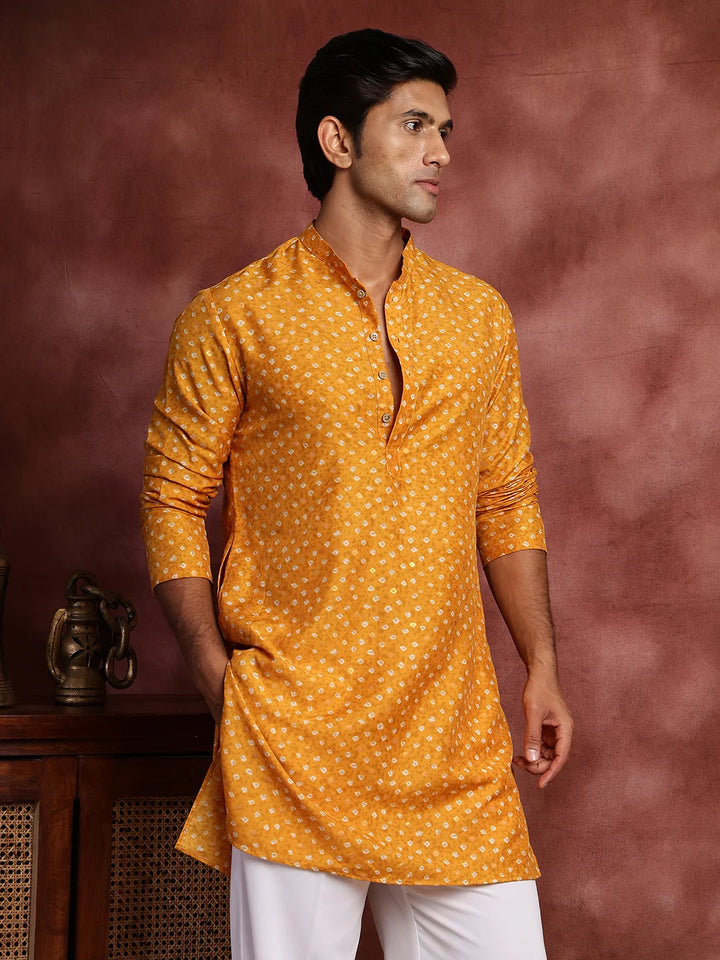 Mustard Printed Cotton Silk Straight Kurta for Men - Image 4