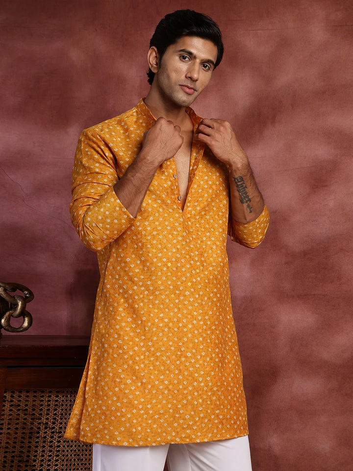 Mustard Printed Cotton Silk Straight Kurta for Men - Image 5
