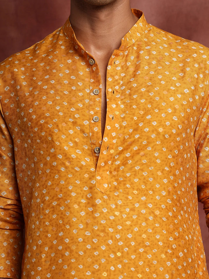 Mustard Printed Cotton Silk Straight Kurta for Men - Image 6