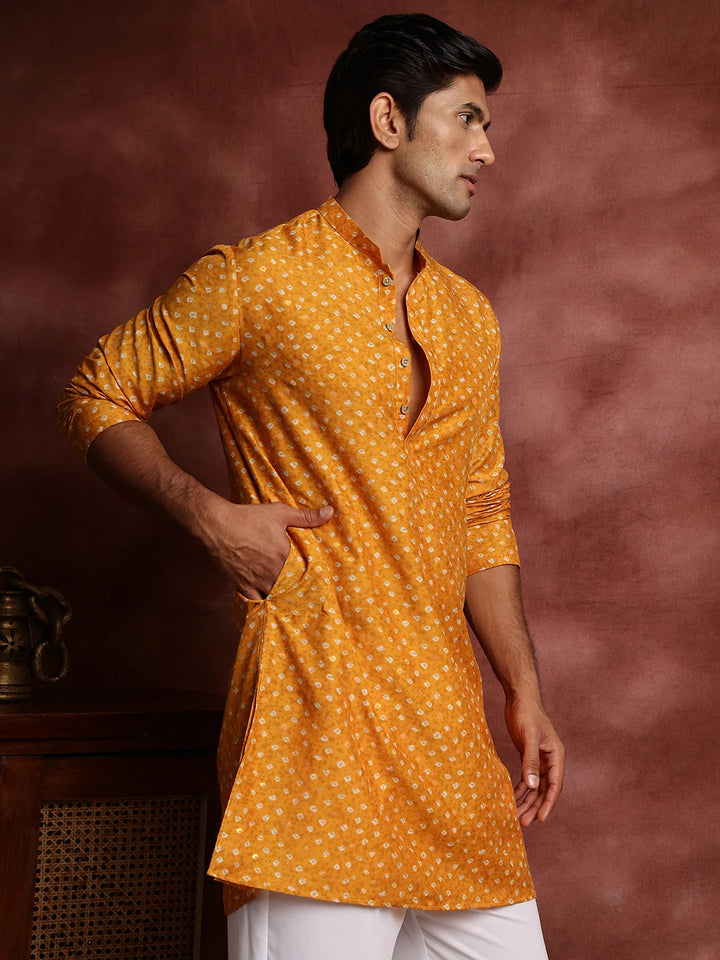 Mustard Printed Cotton Silk Straight Kurta for Men - Image 7